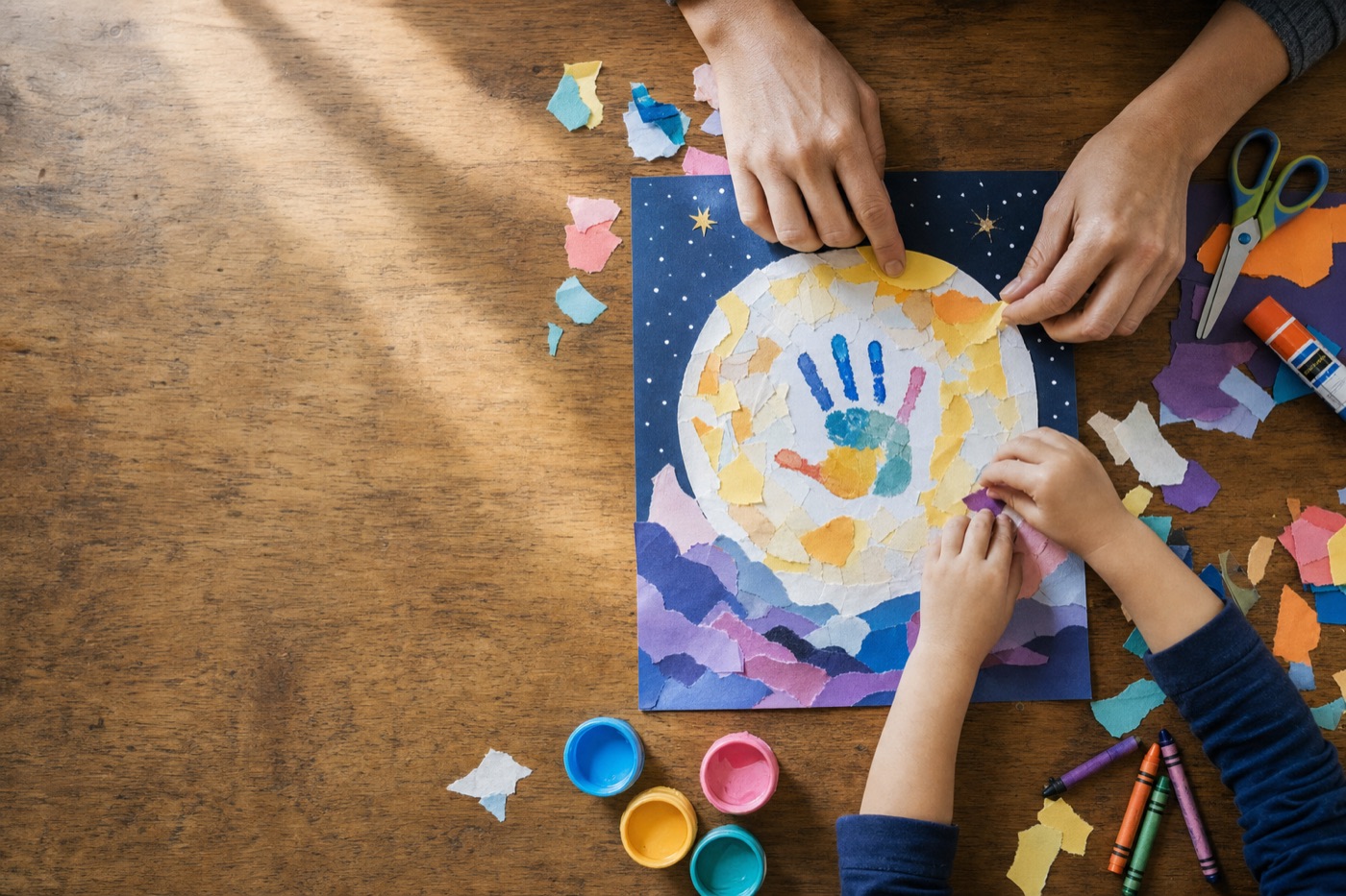 A grown-up's and a child's hands making a paper craft together at a kitchen table
