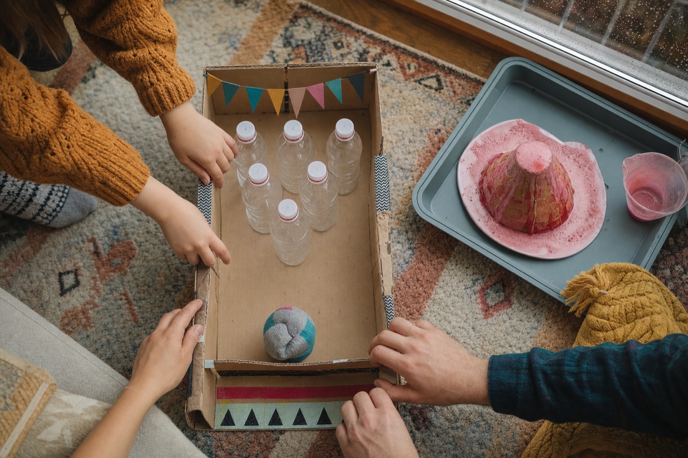 A child and a grown-up building a sock bowling alley on a rainy afternoon