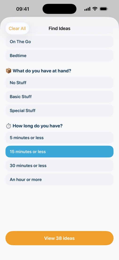 Find Ideas filters with the 15 minutes or less option selected